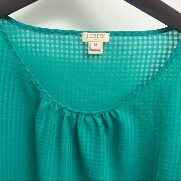 J Crew Sheer Checkered Green Top 3/4 Sleeve Button Scoop Neck Medium - Picture 2 of 5